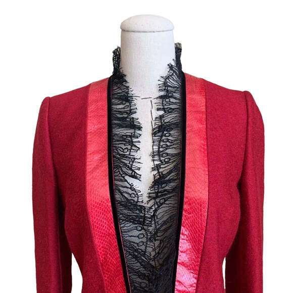Rare Vintage 90s Richard Tyler Couture Red Snake Velvet Wool Lace Coat - Picture 2 of 16